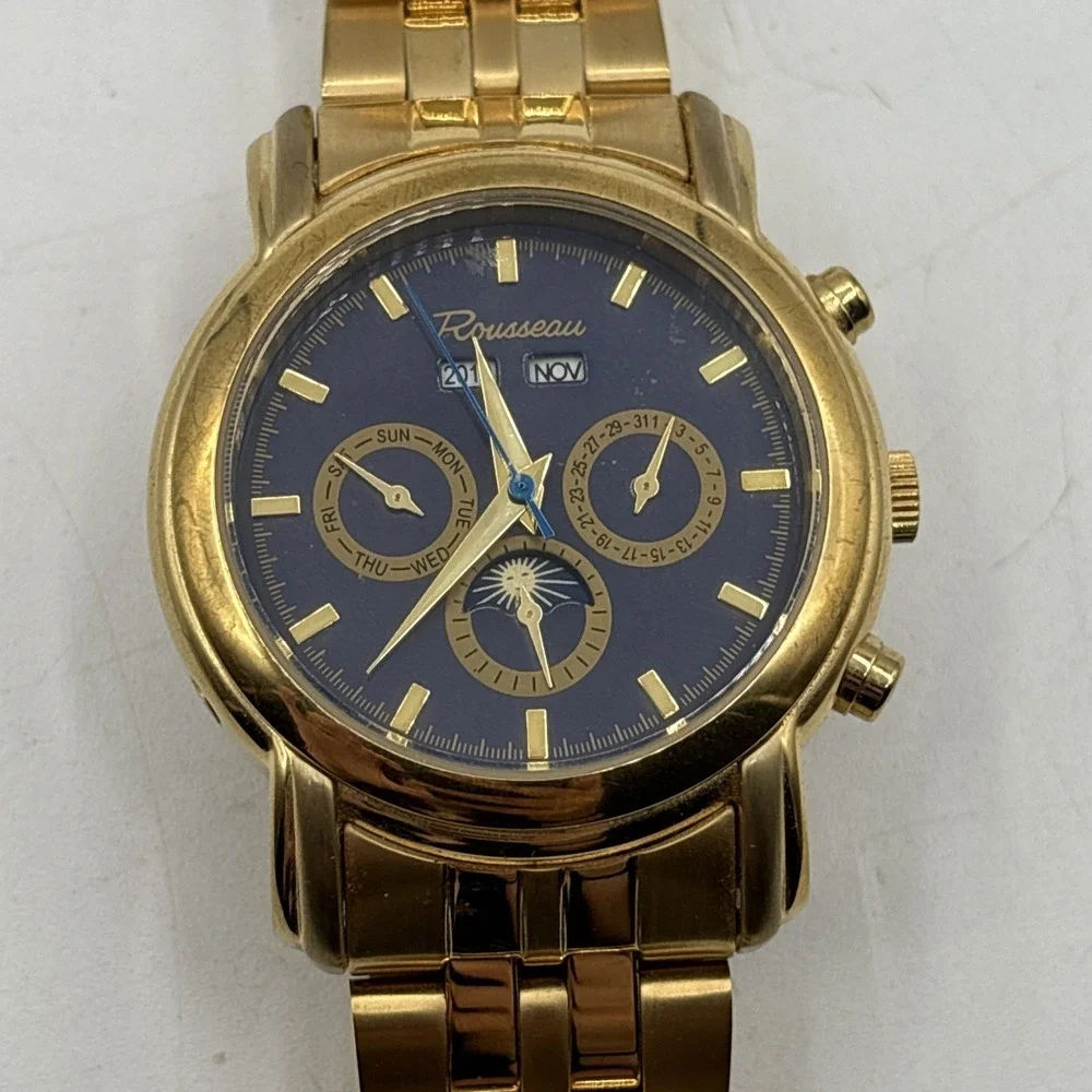 Rousseau R183-809 Gold Stainless Steel Automatic Dress Watch Blue Dial 3 ATM
